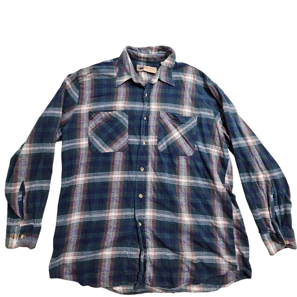 Big Mac Vintage Flannel Shirt Large Blue Green Plaid Long Sleeve Button Down